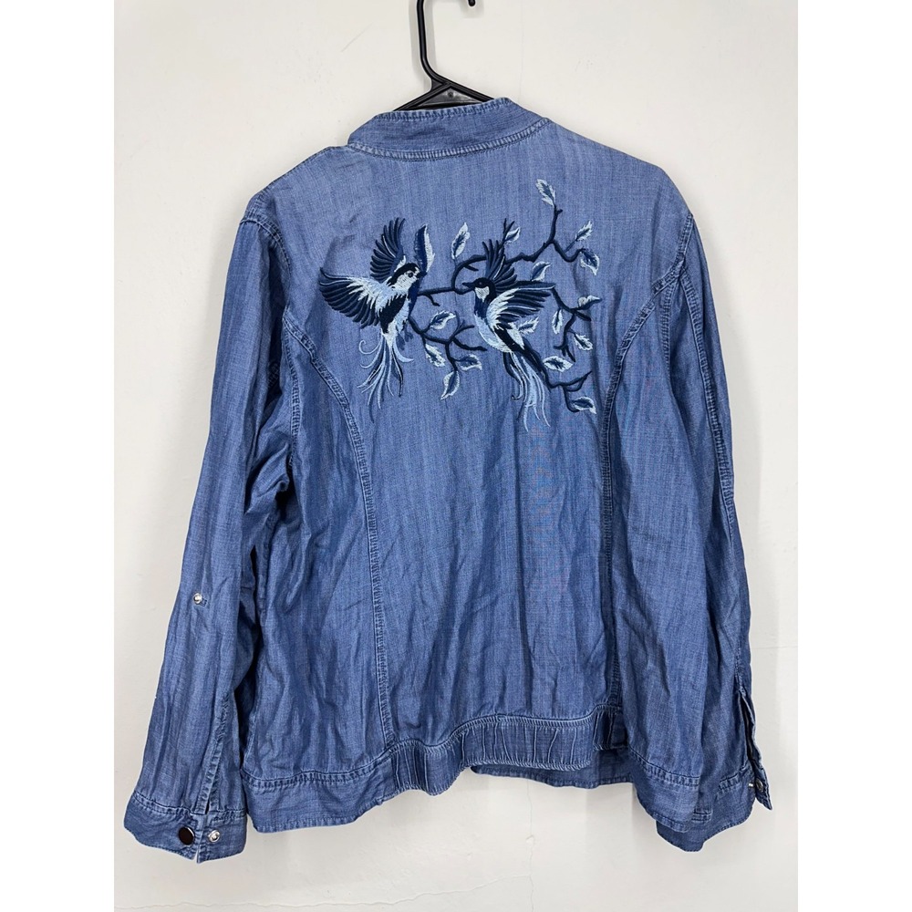 Chico's Embroidered Birds Lyocell Denim Jacket Womens XL Blue Boho Full Zip